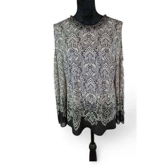 CATO'S Women's Beaded Blouse XL Polyester Spandex Black Cream Boho - Picture 2 of 7